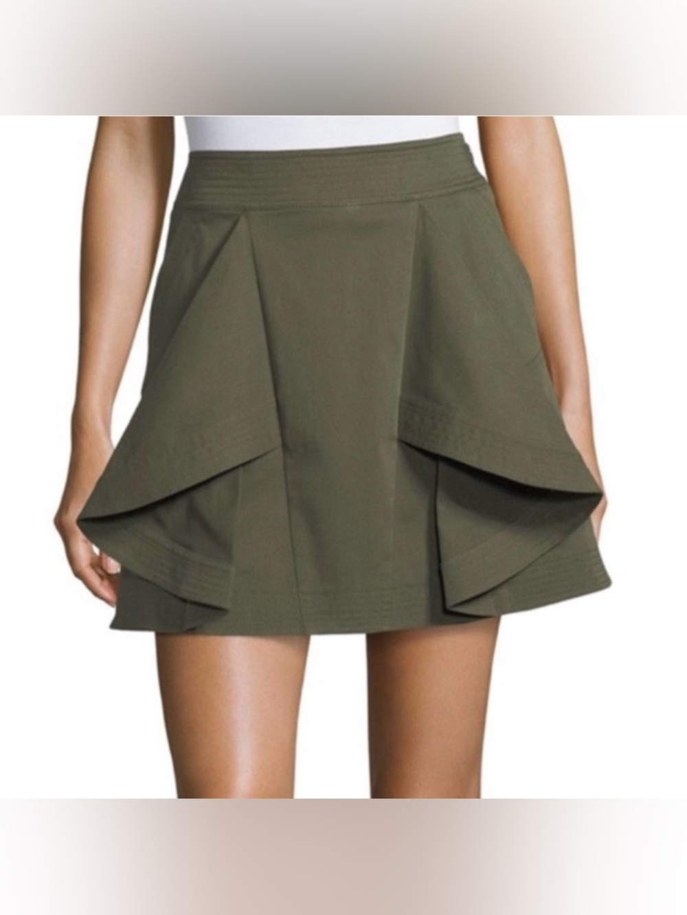 Tanya Taylor "Tomi" Flared Cotton Twill Mini Skirt Dark Olive Sz 2